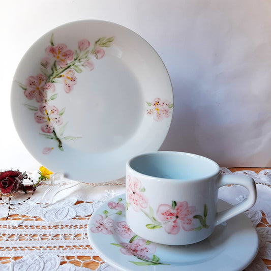 Juego de café de 6 servicios esmaltado porcelana pintada a mano ramita cerezo floral unico..