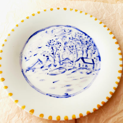 Plato porcelana pintado a mano  paisaje único artesanal  no calcomania.