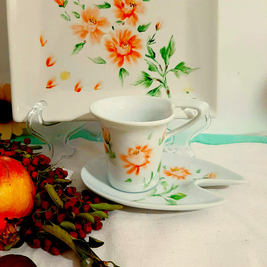 Juego de café esmaltado porcelana pintada a mano rosas coral único.