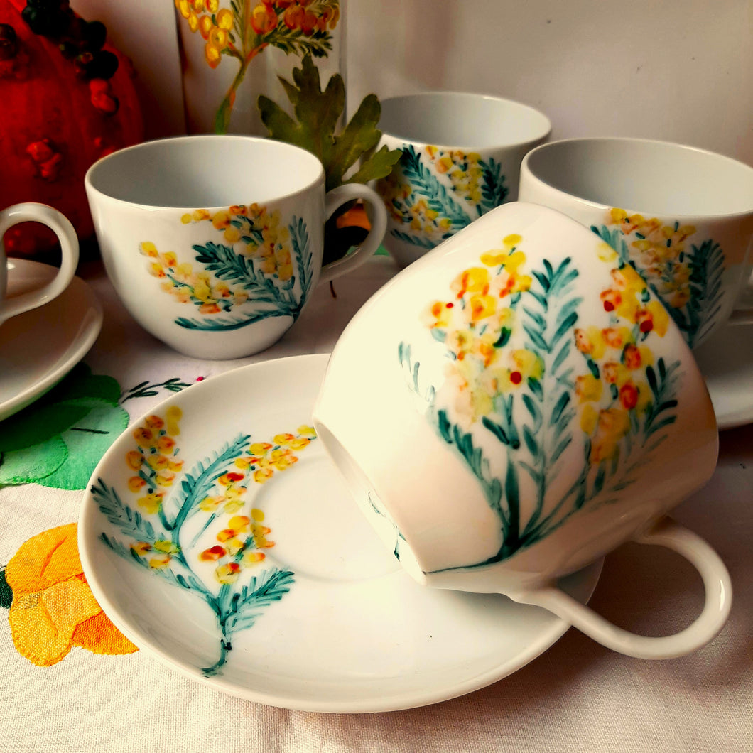 Hand-painted porcelain coffee set with yellow mimosa flowers unique.