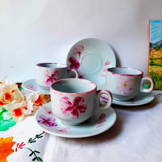 Juego de café de 6 servicios porcelana pintada a mano rosas rosa artesanal unico.