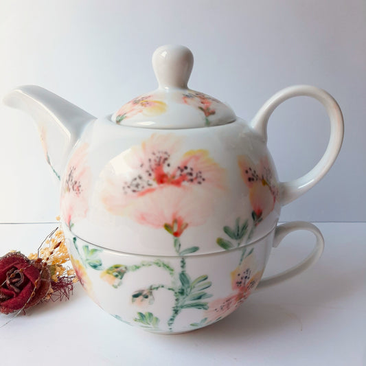 Juego de te o café unipersonal porcelana pintada a mano amapolas artesanía floral único.