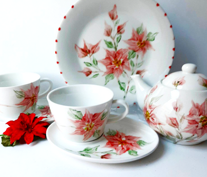 Juego de café ó te porcelana pintada a mano poinsettia o flor de pascua Navidad.