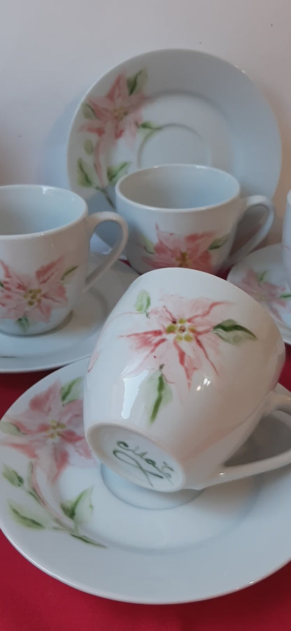 Juego de café porcelana pintada a mano poinsetia motivo navideño artesanal unico