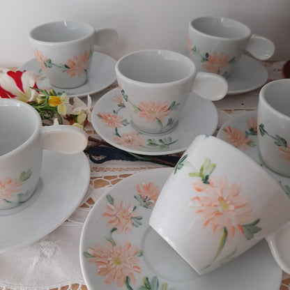 Juego de café  porcelana pintada a mano dalias naranja floral unico