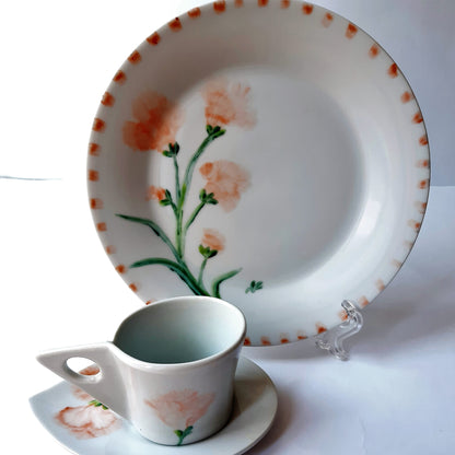 Juego de café  12 pcs porcelana pintada a mano claveles floral unico.