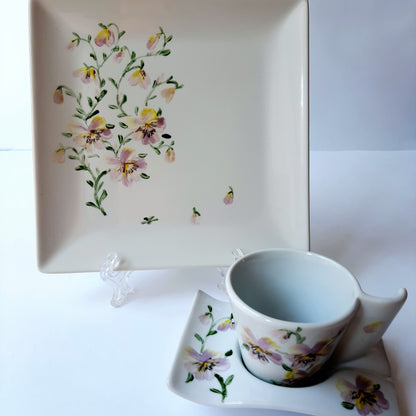 Juego de café 12 pcs porcelana pintada a mano pensamientos floral artesanal.