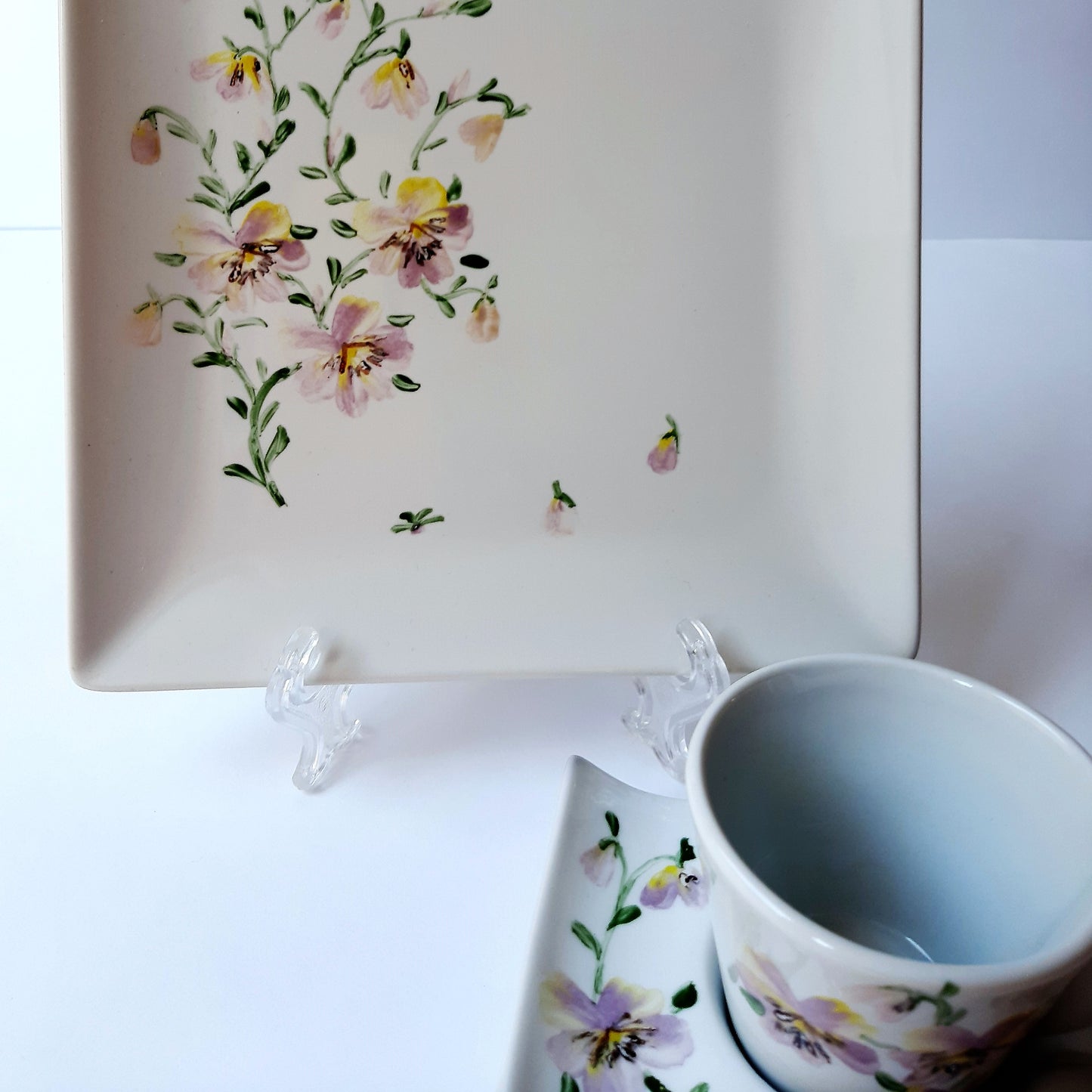 Juego de café 12 pcs porcelana pintada a mano pensamientos floral artesanal.