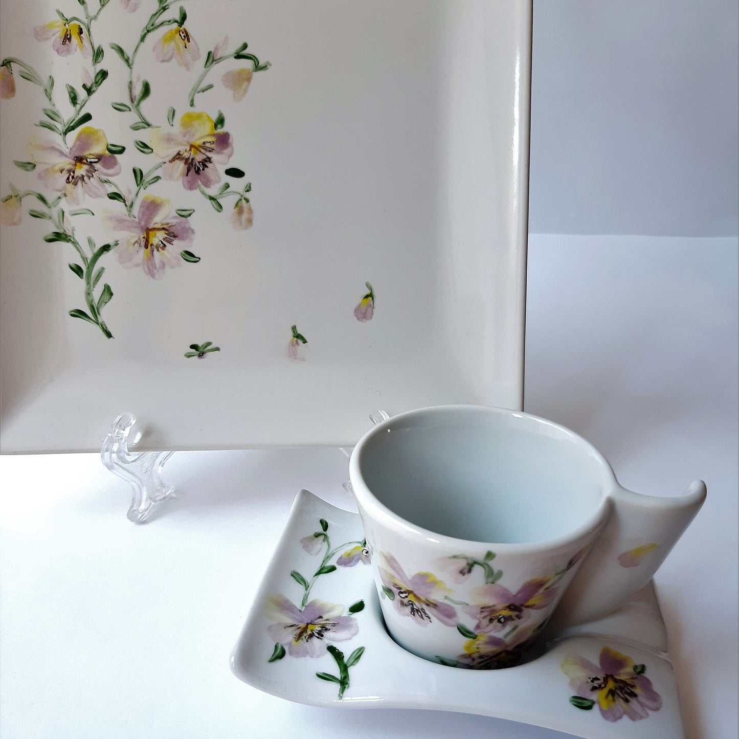 Juego de café 12 pcs porcelana pintada a mano pensamientos floral artesanal.