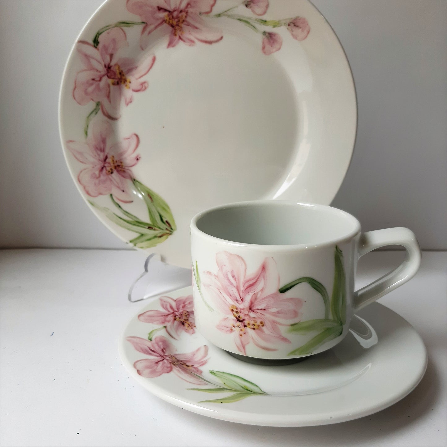 Juego de café porcelana pintada a mano orquídeas floral artesanal.