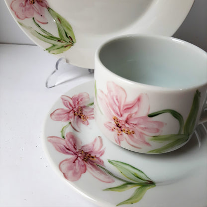 Juego de café porcelana pintada a mano orquídeas floral artesanal.