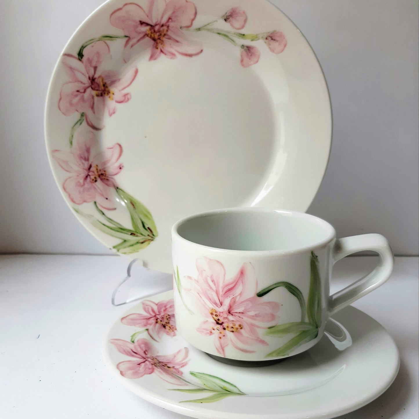 Juego de café porcelana pintada a mano orquídeas floral artesanal.