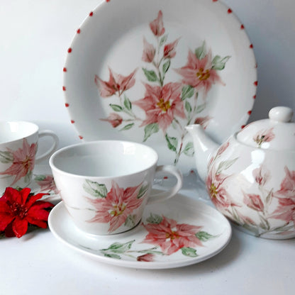 Juego de café ó te porcelana pintada a mano poinsettia o flor de pascua Navidad.