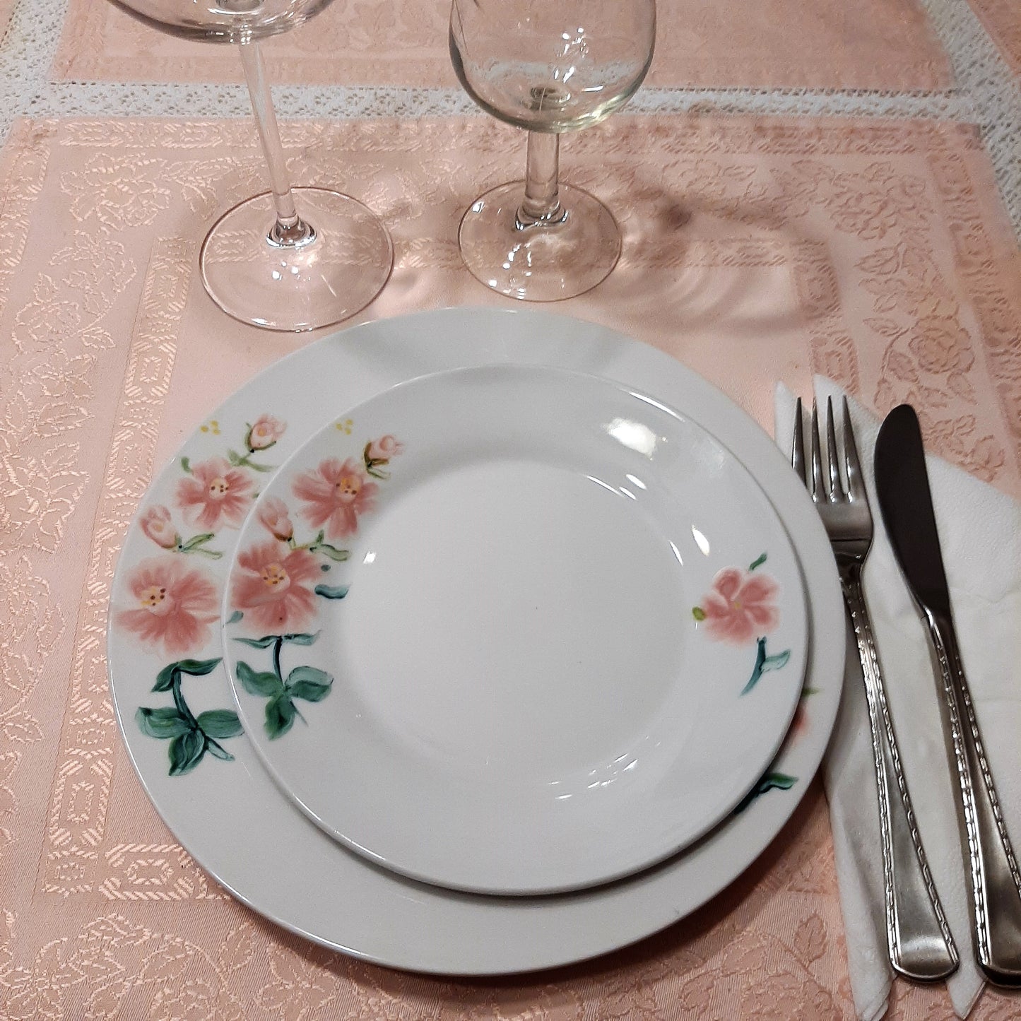 Hand-painted artisan floral pink rose tableware.