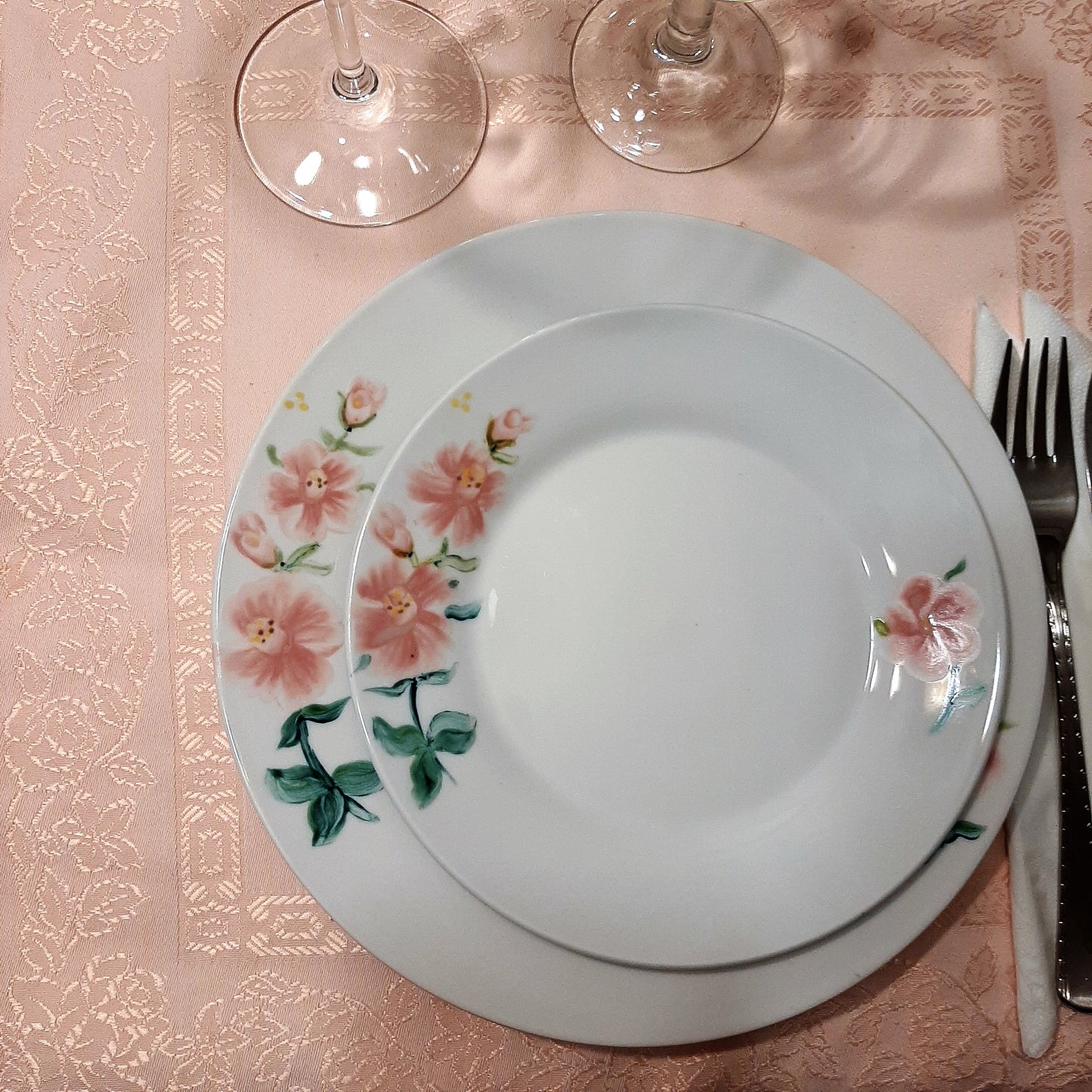 Hand-painted artisan floral pink rose tableware.