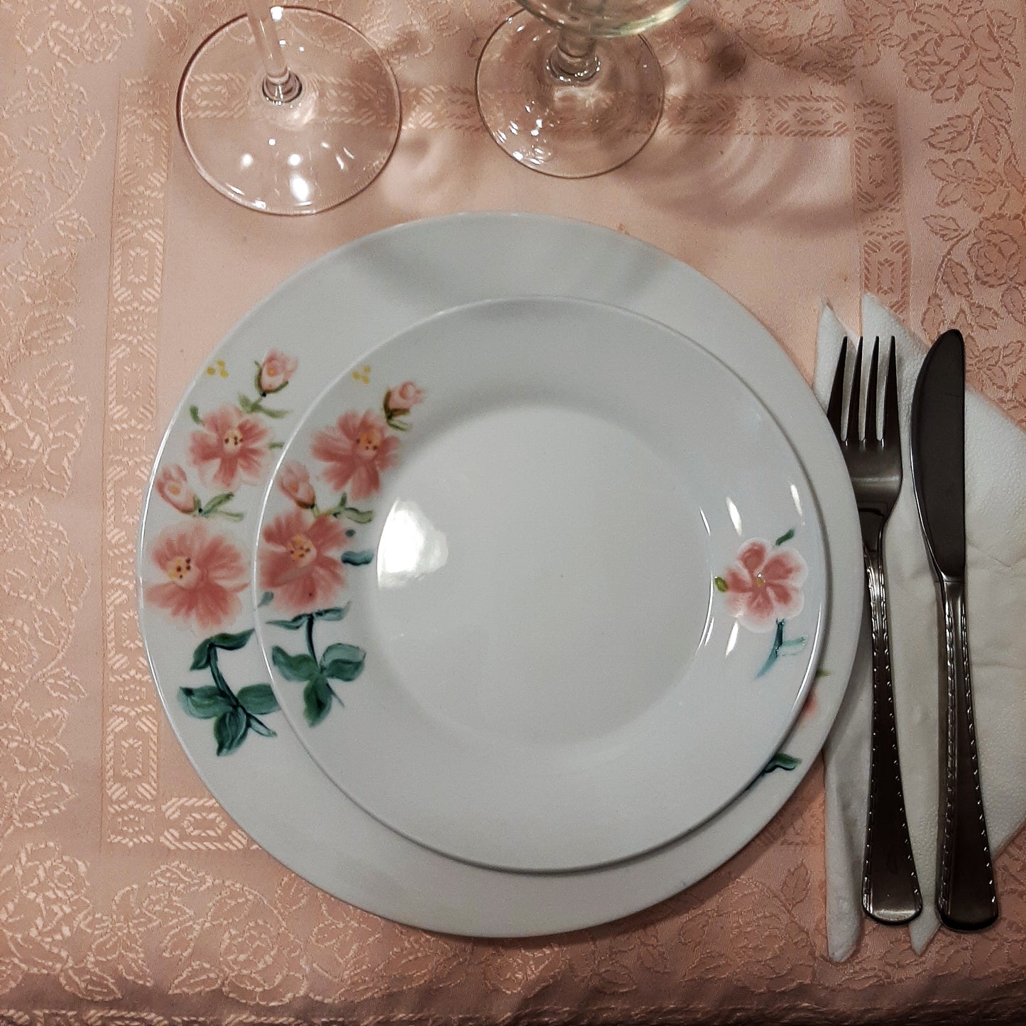 Hand-painted artisan floral pink rose tableware.