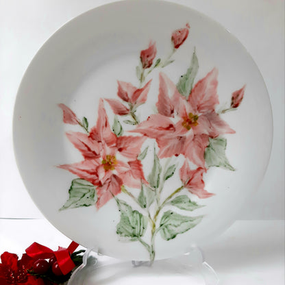 Plato porcelana pintada a mano poinsettia navidad artesanal floral exclusivo.