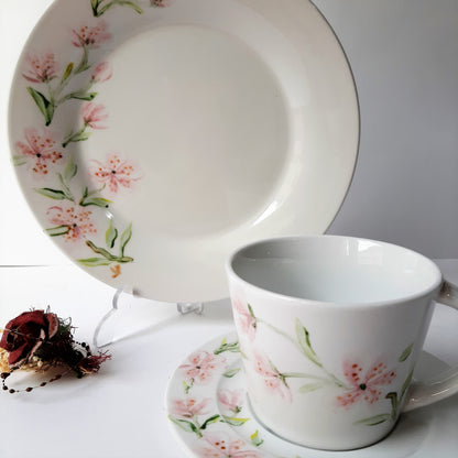 Juego de café porcelana pintada a mano ramita cerezo floral unico.