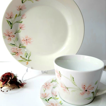 Juego de café porcelana pintada a mano ramita cerezo floral unico.