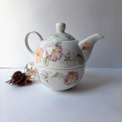 Juego de te o café unipersonal porcelana pintada a mano primaveras artesanía floral único.