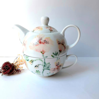 Juego de te o café unipersonal porcelana pintada a mano amapolas artesanía floral único.