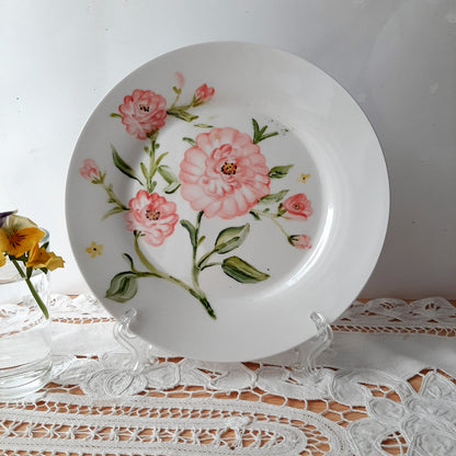 Plato esmaltado, pintado a mano, ramo de rosas, porcelana, vajilla, arte floral, objeto artesanal