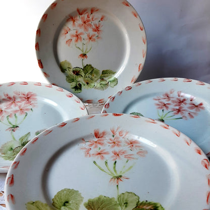 Vajilla set de 4 porcelana pintada a mano geranio rojo floral artesanal.