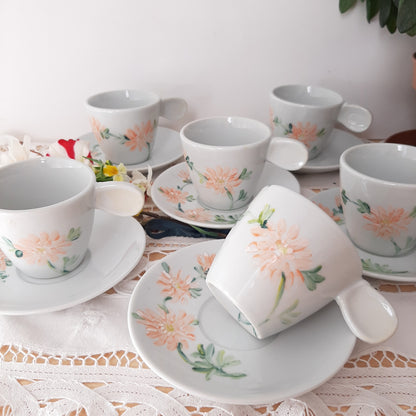 Juego de café  porcelana pintada a mano dalias naranja floral unico