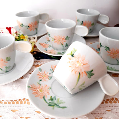 Juego de café  porcelana pintada a mano dalias naranja floral unico