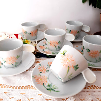 Juego de café  porcelana pintada a mano dalias naranja floral unico