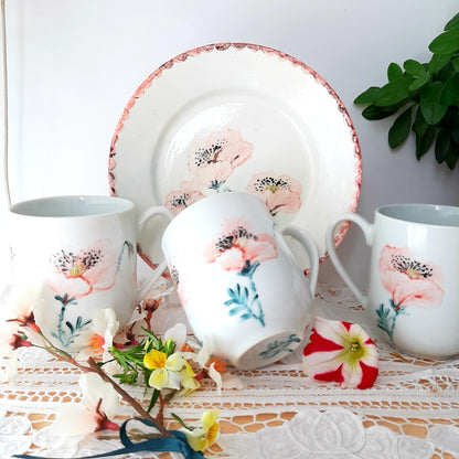 Platos y tazas  set 4  pintado a mano amapolas porcelana floral artesanal.