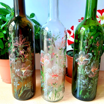 Botellas set, esmaltadas, pintadas a mano, floral , amapolas y silvestres, inalterable, únicas, artesanal