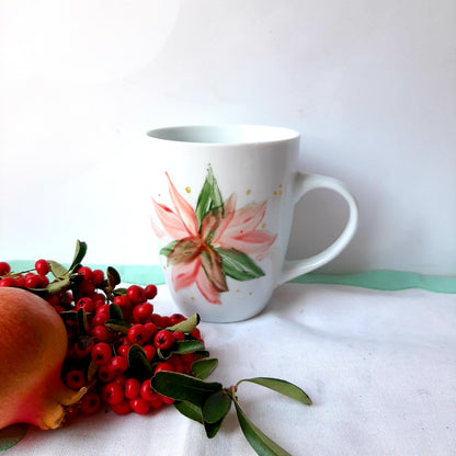 Taza esmaltada de porcelana, pintado a mano, poinsetia, único, artesanal, no calcomania .