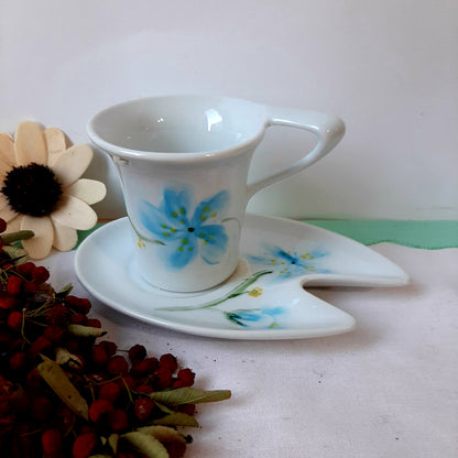 Juego de café  esmaltado porcelana pintada a mano primaveras azul artesanal.