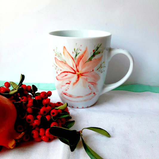 Taza esmaltada de porcelana, pintado a mano, poinsetia, único, artesanal, no calcomania .