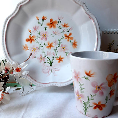 Plato y taza set porcelana pintado a mano primaveras vajilla floral artesanal.