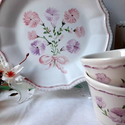 Set of 3 hand-painted plates and cups with a petunia design, porcelain floral tableware.