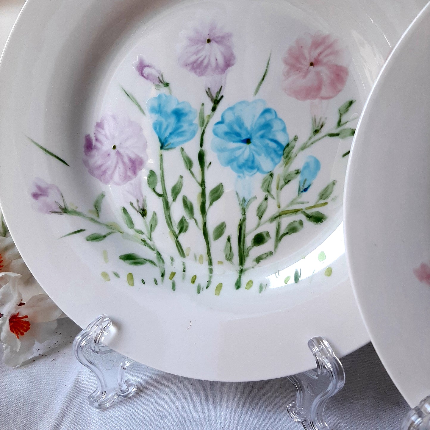 Vajilla set 3 pintado a mano porcelana petunias floral artesanal.