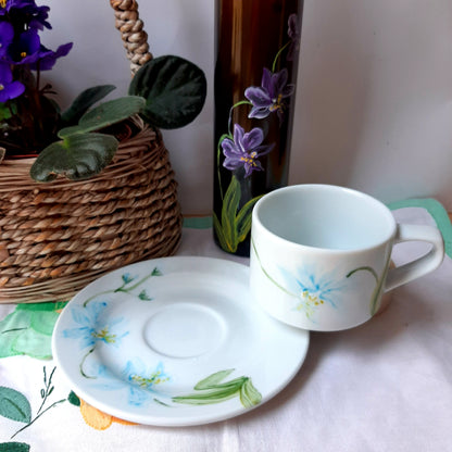 Juego de café porcelana pintada a mano orquídeas azul cielo artesanal unico.