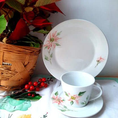 Inspirados en las flores poinsettia roja que decora todas las mesas en navidad, muy alegre. Pintado con una poinsettia en el lado izquierdo y un capullo en la derecha ,así cómo un ramillete en el plato.