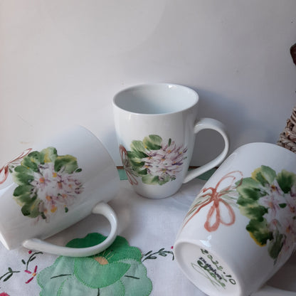 Tazas set 3  pintado a mano porcelana ramito de violetas vajilla floral artesanal.