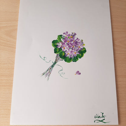 Lamina pintado a mano, original, ramito de violetas, objeto artesanal, arte floral, únicos .