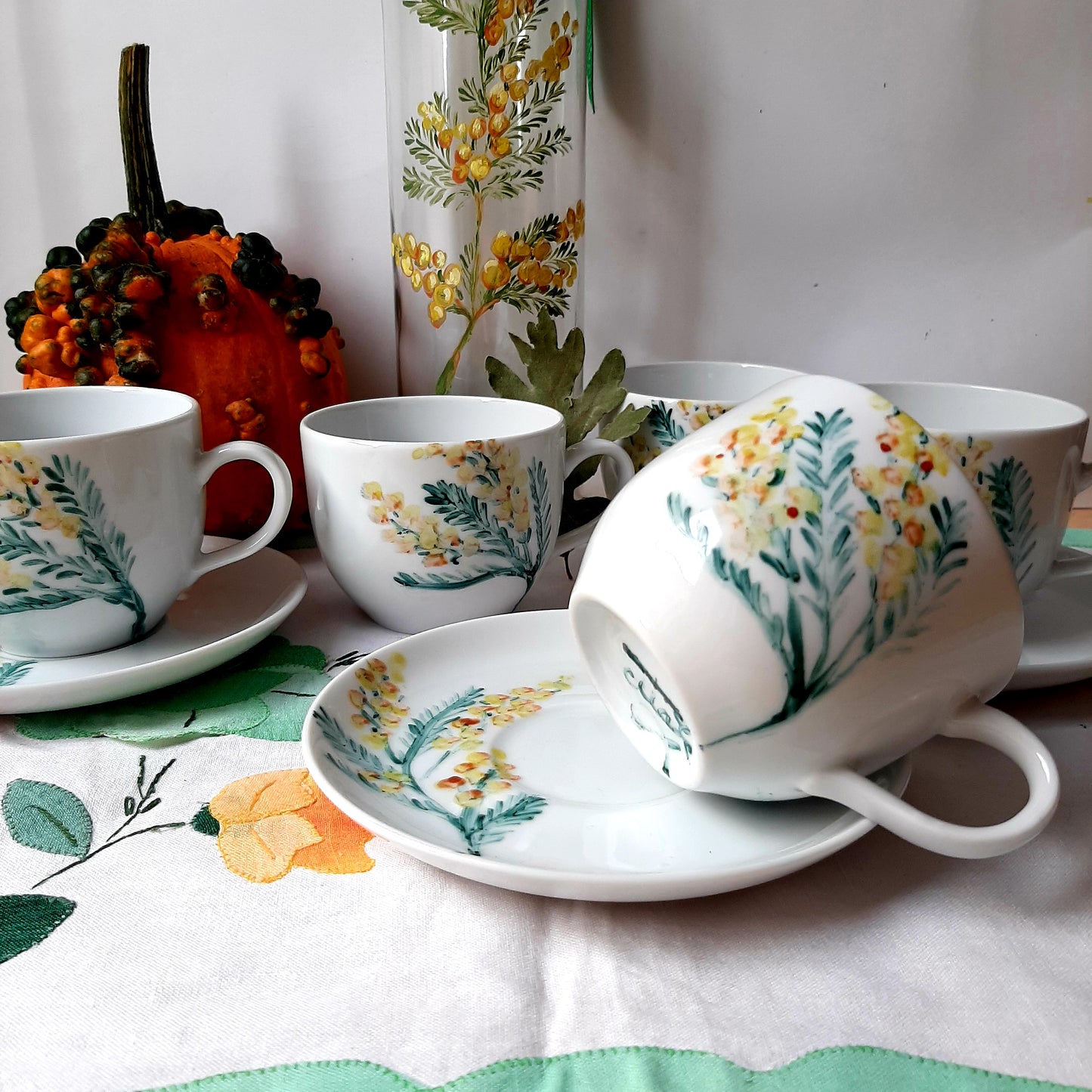 Hand-painted porcelain coffee set with yellow mimosa flowers unique.