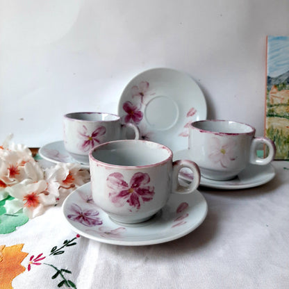 Juego de café de 6 servicios porcelana pintada a mano rosas rosa artesanal unico.