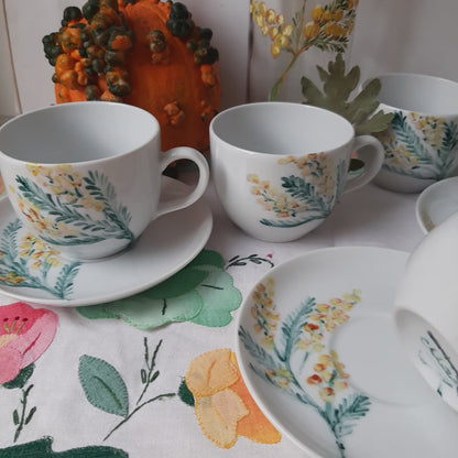 Hand-painted porcelain coffee set with yellow mimosa flowers unique.