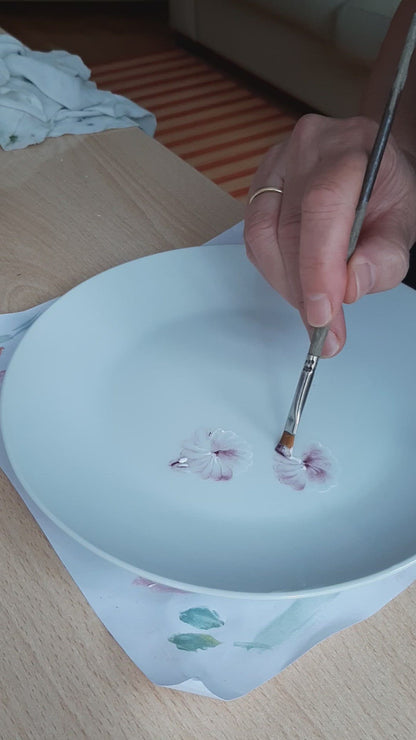 Hand-painted 12-piece coffee set, porcelain, pink petunias.