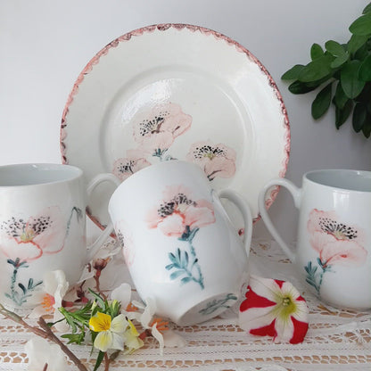 Platos y tazas  set 4  pintado a mano amapolas porcelana floral artesanal.