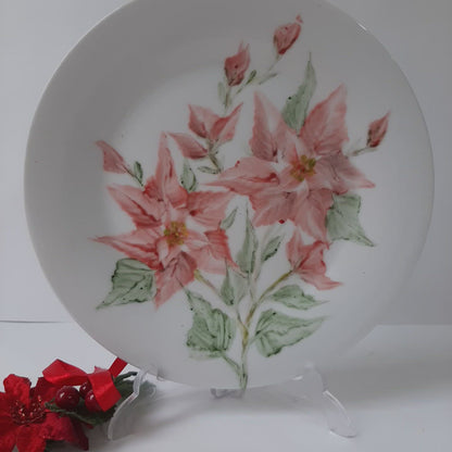 Plato porcelana pintada a mano poinsettia navidad artesanal floral exclusivo.