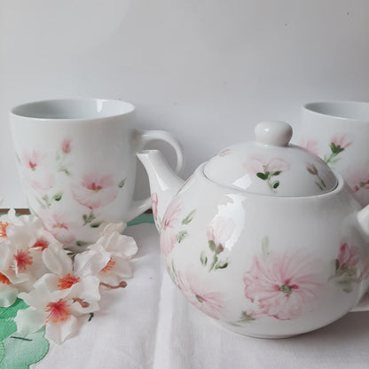 Tazas y tetera set 3 pz  porcelana pintado a mano petunias vajilla floral artesanal.