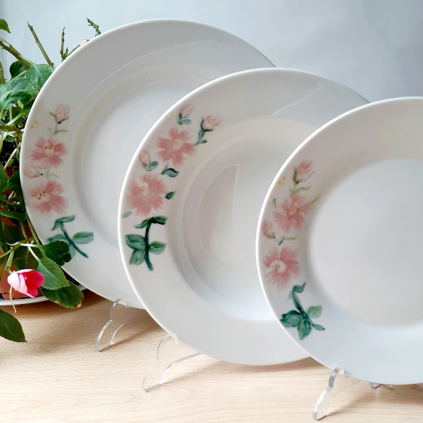 Hand-painted artisan floral pink rose tableware.